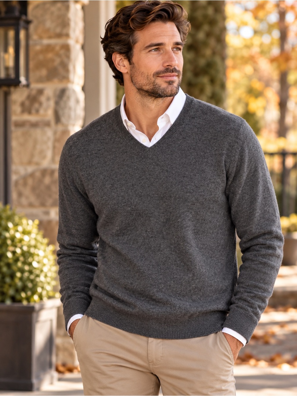 Black Brown 1826 Men’s 100% 2-Ply Cashmere V-Neck Sweater Gray L old money class